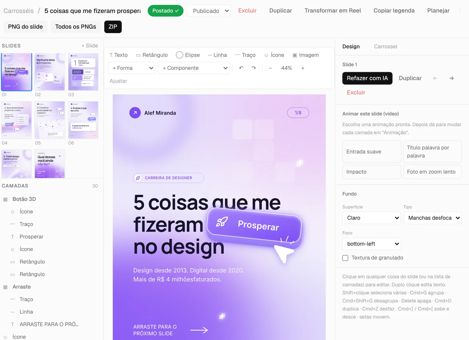 Editor do Content com o carrossel “5 coisas que me fizeram prosperar no design” aberto