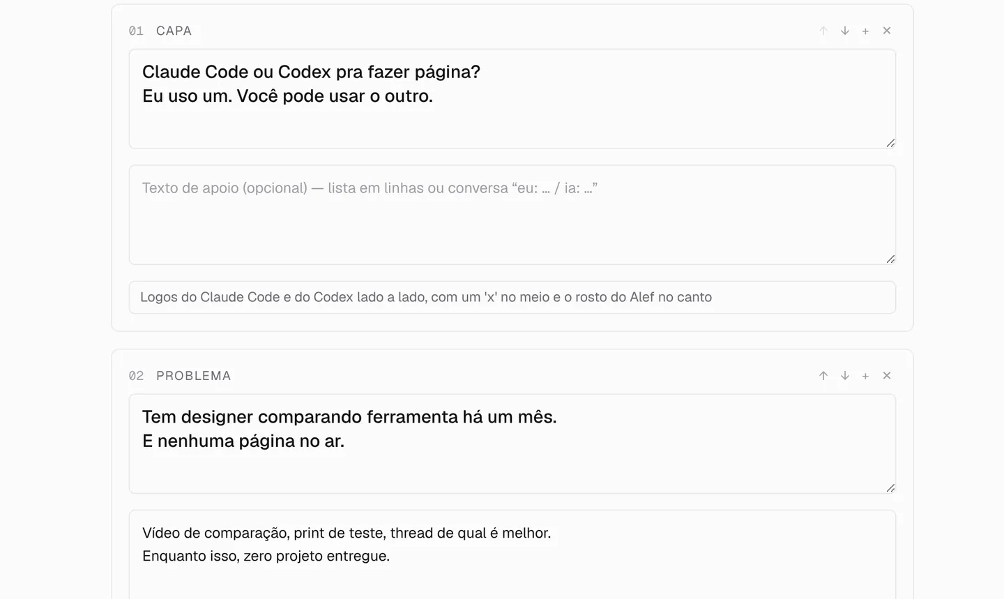 Tela do texto do carrossel, slide por slide