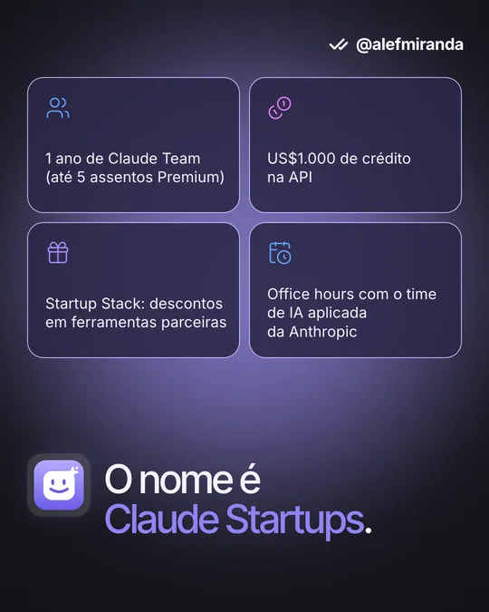 Slide 2 do carrossel "Claude Startups: US$1.000 de API, Team grátis e descontos parceiros", de @alefmiranda