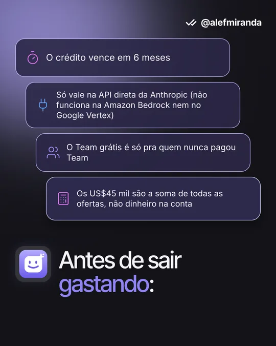 Slide 10 do carrossel "Claude Startups: US$1.000 de API, Team grátis e descontos parceiros", de @alefmiranda